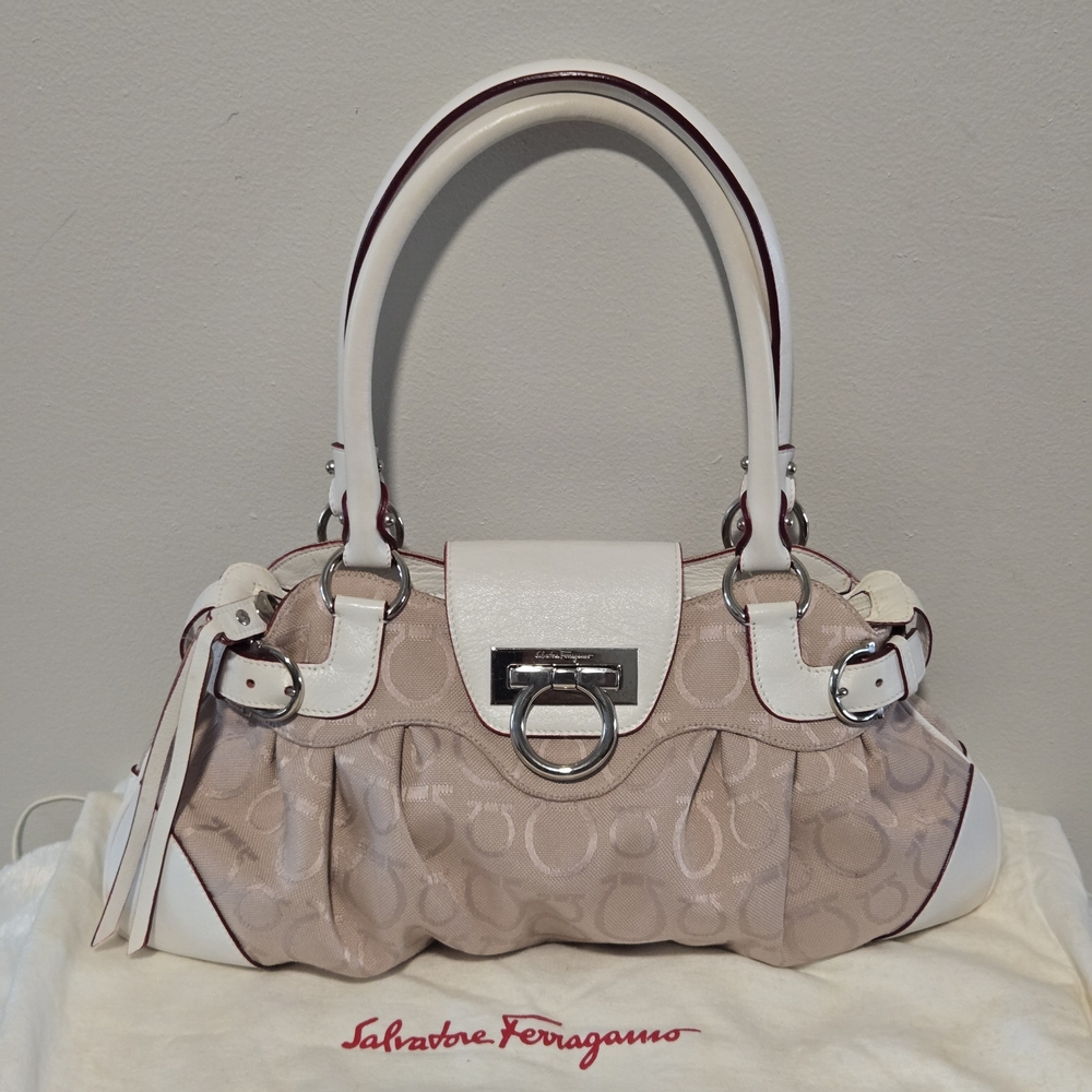 Salvatore Ferragamo Gancini Satchel in Blush Jacquard and White Leather